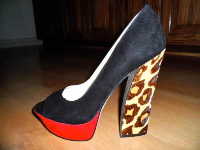 Boutique 9 ALESANDRA Black Multi Animal Suede Designer Peep Platform Pumps 7