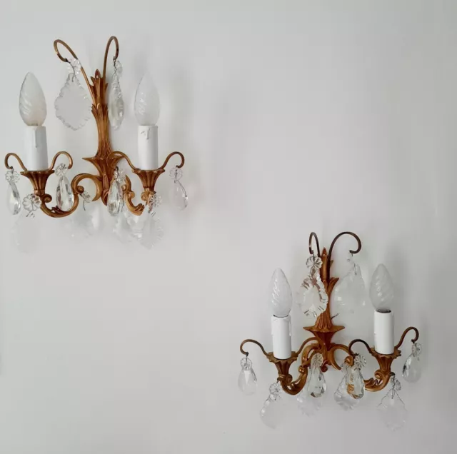 Pair Vintage French 2 Arm Brass Crystal Wall Lights, Romantic Chandelier Sconces 2