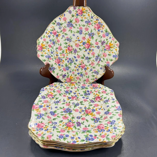Vtg Royal Winton Grimwades Old Cottage Chintz 5 Square Salad Plates  1930-50