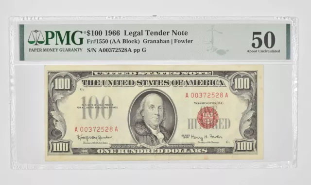$100 1966 US Legal Tender Note Red Seal PMG 50 Fr# 1550 (AA Block) *0972
