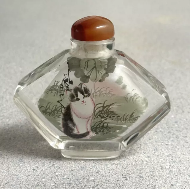 Vintage Inside Reverse Painted Chinese Cats Kitten Snuff Perfume Glass Bottle