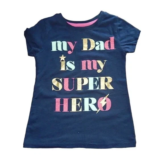 WONDER NATION girls x-small XS my dad is my super hero navy blue casual t-shirt