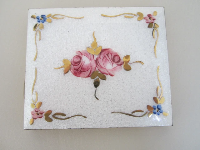 Vintage Guilloche Enamel Mirrored Compact Brass Metal Roses Pre-owned