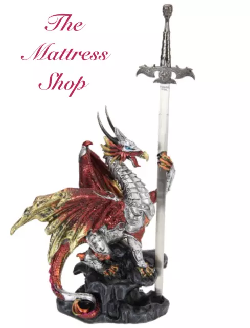 ~❤️~Red DRAGON Statue Figurine 33cm Large on ledge with Sword Ornament Bday Gift