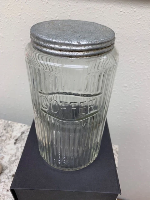 Vintage Hoosier Cabinet Ribbed Glass Coffee Jar with Tin Lid