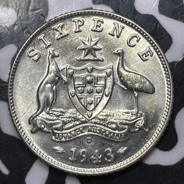 1943-D Australia 6 Pence Sixpence Lot#D2405 Silver! High Grade! Beautiful!