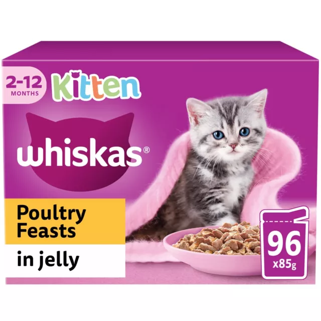 96 x 85g Whiskas Kitten Poultry Feasts Mixed Wet Cat Food Pouches in Jelly