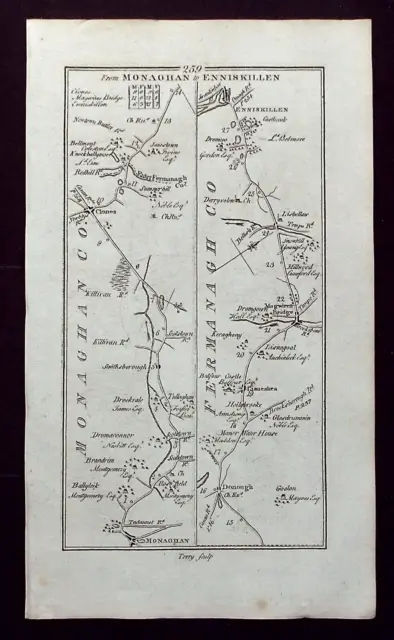 IRELAND, MONAGHAN, CLONES, ENNISKILLEN, antique road map, Taylor & Skinner, 1783