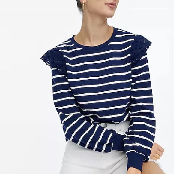 Jcrew Factory Womens Stripe Sweatshirt Ruffle Sleeve Size Medium