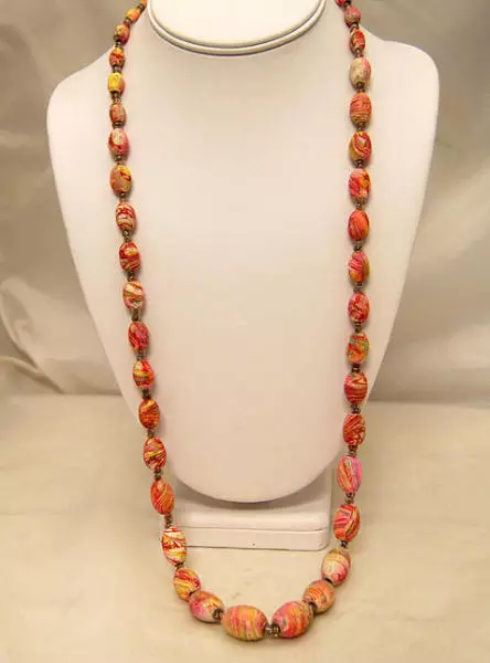 Vintage Hand Painted in Swirled Pink Red & Cream Colors Wood Beads 31" Necklace