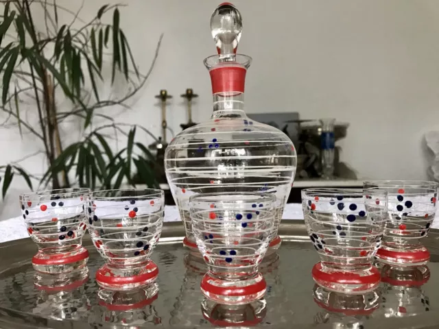 Alt  Art Déco Vintage Likörset  Glas 5x Likör Gläser & Karaffe SCHÖN Email