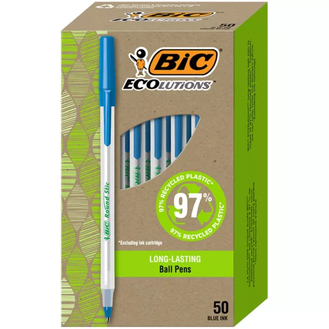 BIC Ecolutions 1.0 mm Medium Point Blue Ink Round Stic Ball Pens, 50-Pk
