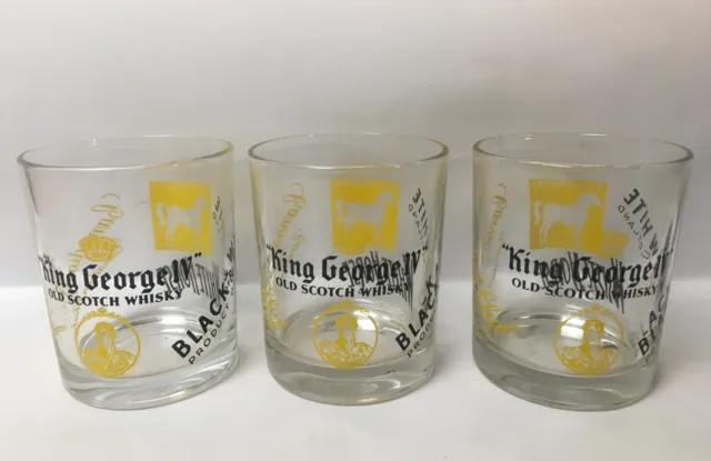 3 Whisky Advertising Glasses King George IV Old Scotch Black And White Scotland