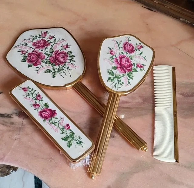 Antica Gobelin Vanity Set Spazzola Specchio Vintage Ricamato England/Inghilterra