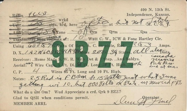 Vintage Ham Radio Qsl Cards 1923  9Bzz   Independence, Ks.