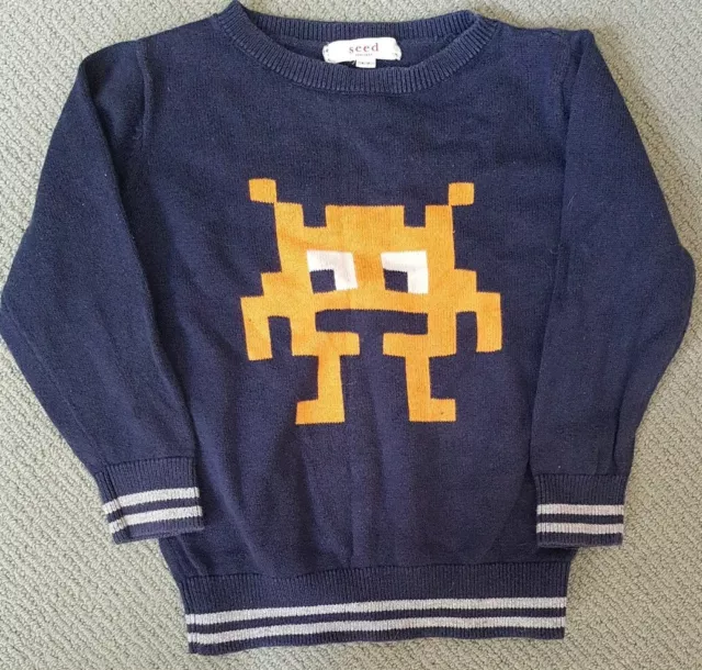 Seed Baby Navy 80s retro game character Spaceinvader Size 1-2 Jumper TOP RARE