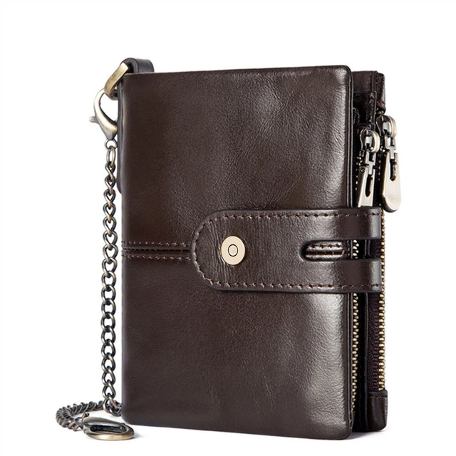 Mens Genuine Leather Wallet Chain Wallets RFID Credit Card Holder Coin Pocket