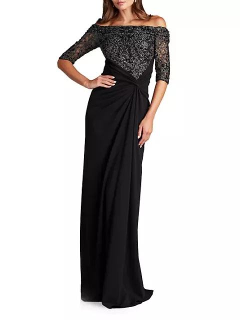 Tadashi Shoji Black Silver Off-The-Shoulder Sequin Lace Gown Size 24W  $518 2