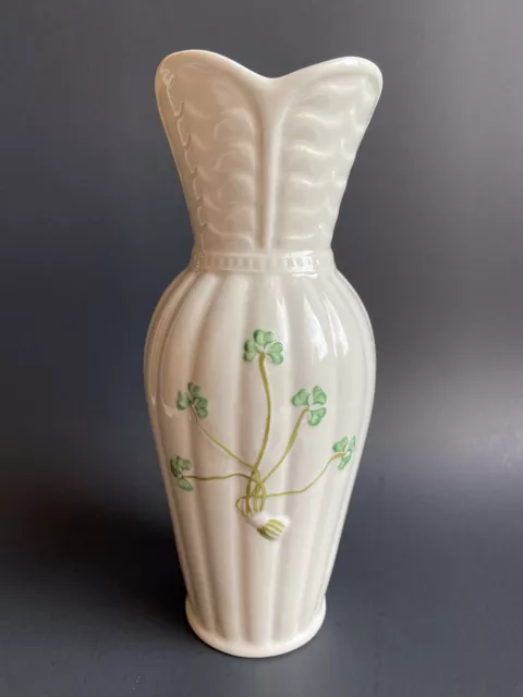 BELLEEK Irish Porcelain Hand Painted Embossed Shamrock Vase 9”H ~MINT~