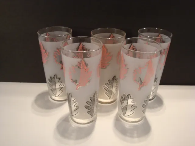 5 Vintage Frosted Oak Leaf  Libby Highball Drinking Glass 6.5 inch