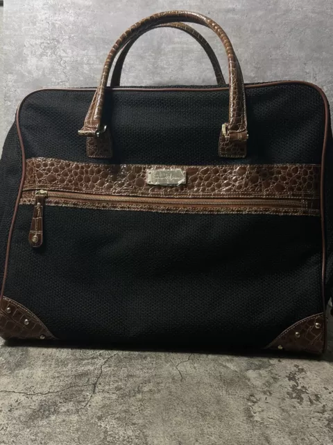 Samantha Brown Black Woven Fabric Brown Croco Embossed Overnight Carry On Bag