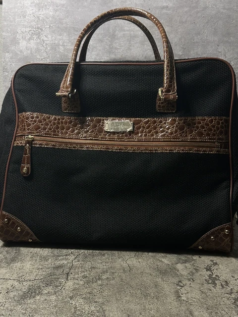 Samantha Brown Black Woven Fabric Brown Croco Embossed Overnight Carry On Bag