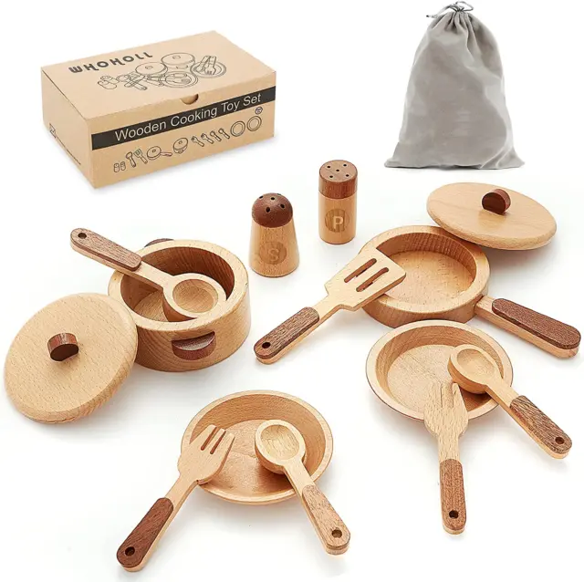 Play Kitchen Accessories, Wooden Kitchen Sets for Kids, Toy Pots and Pans for Ki