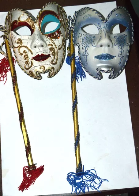 Lot of 2 Mardi Gras Masquerade Ball Masks with Stick Handle