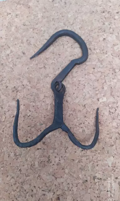 Antique 19th C. Hand Forged WROUGHT Iron Hook HANGER Hunting Farm TOOL