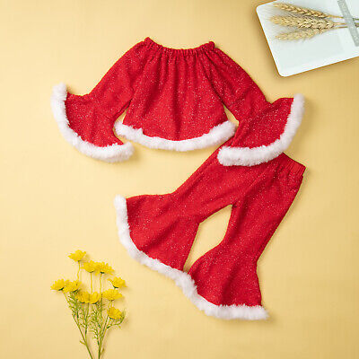 Bambino per neonate vestiti di Natale Set top con increspatura Bell Pantaloni Abiti da Babbo Natale