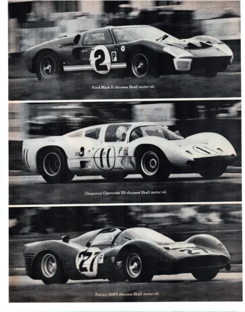 Print Ad Shell 1966 Le Mans Ferrari Chevy Ford 2-Page 2-Piece 10.5"x13.5" Each