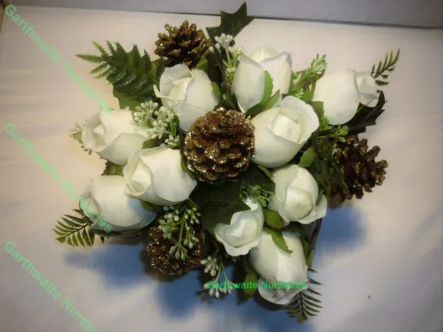 Artificial White Rose Gyp & Cones Christmas Grave Vase/Crem Pot Or Table Centre
