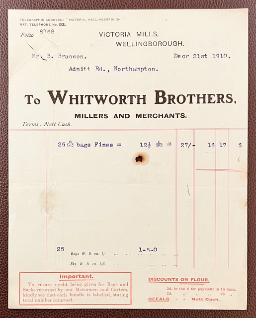 1910 Whitworth Brothers, Millers, Victoria Mills, Wellingborough Invoice 1910 Whitworth Brothers, Millers, Victoria Mills, Wellingborough Invoice