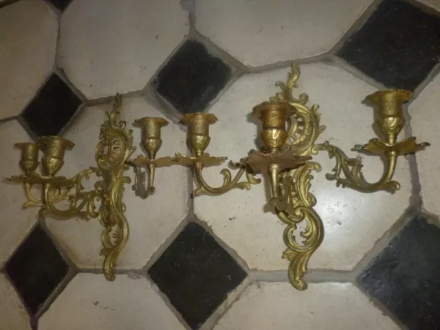 Paire Ancienne Applique Chandelier Candelabre Regule Dore Style Louis Xv