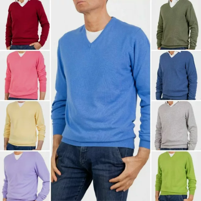 Pull col V pour homme Mélange de cachemire 20 couleurs 100% Made in Italy