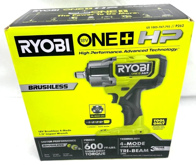 RYOBI P262 ONE+ HP 18V 1/2” 4Mode Brushless Cordless Impact Wrench 600