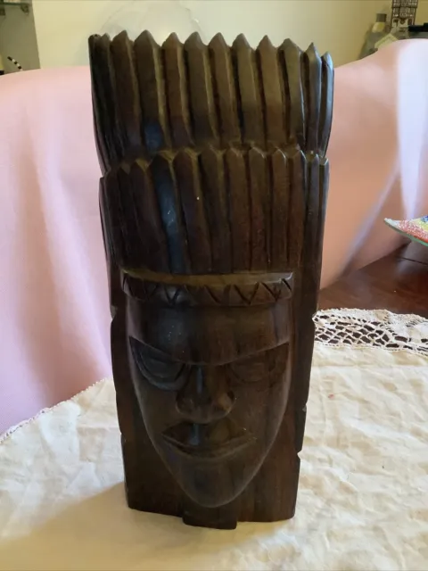 Vintage Solid Wood Hand Carved Native Indian Head