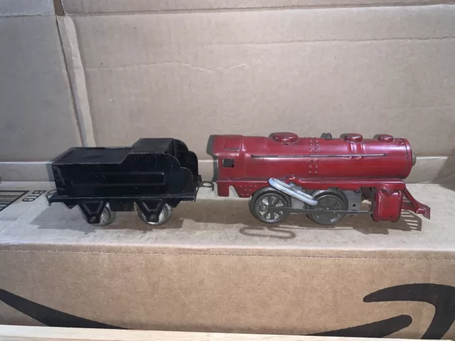Girard  (Pre-Marx)   Joy Line windup RED Loco & Long Coal Tender. Tin Train Car.