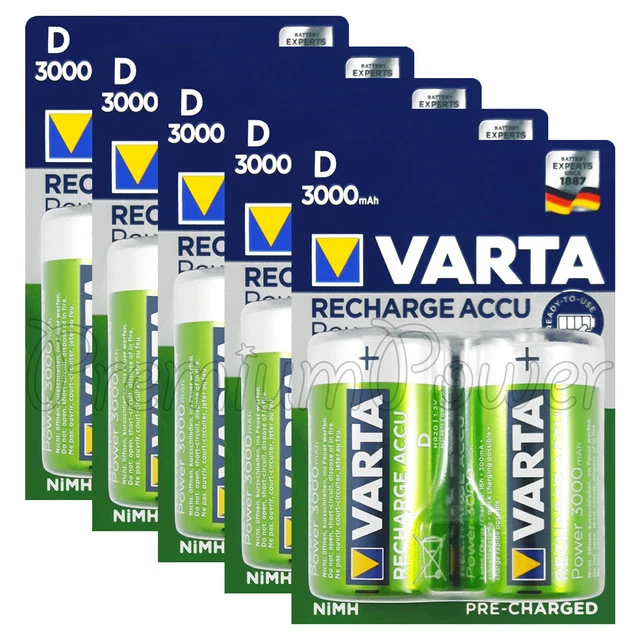 10X VARTA D size 3000mAh batteries Rechargeable NiMH 1.2V HR20 Torcia