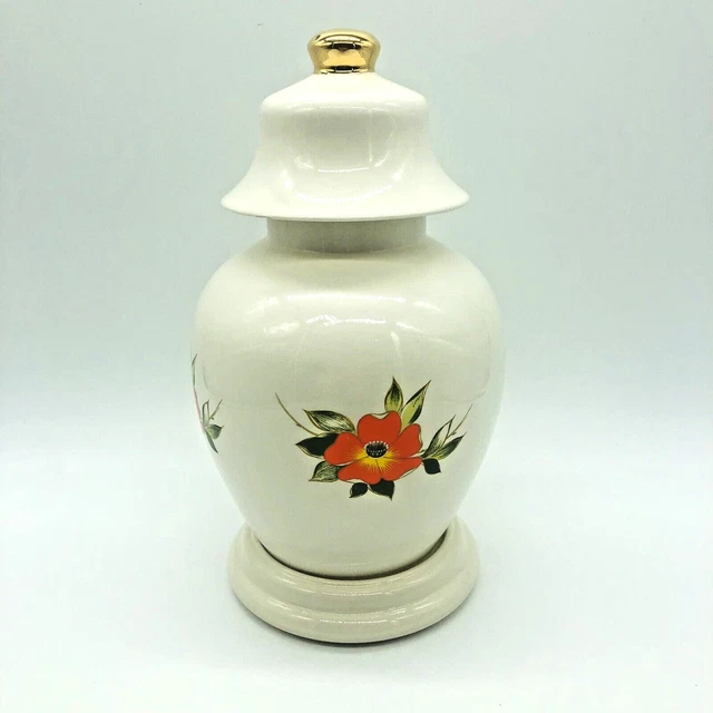 Ivory Urn Jar Vase Orange Poppy Flowers Bell Lid
