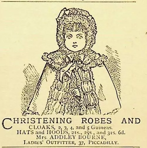 1881 Christening Robes & Cloaks Piccadilly Engraved Original Victorian Print Ad