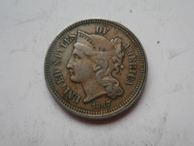 USA Antique Coin 3 Cents "Three Cent Nickel" Liberty Head 1867 Copper-Nickel