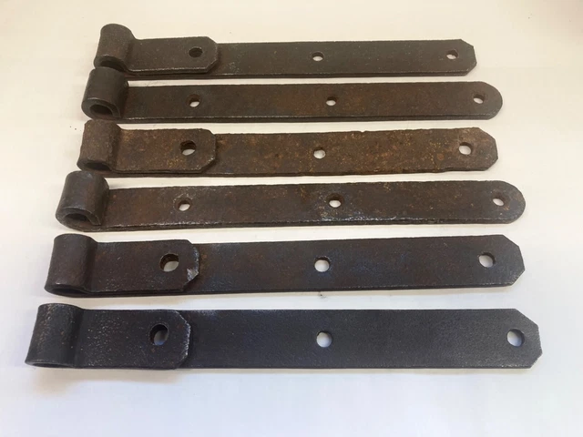 Vintage Strap Hinges, Antique Hand Forged, Rusty, Six Total, 10-1/2"to 11"Long 