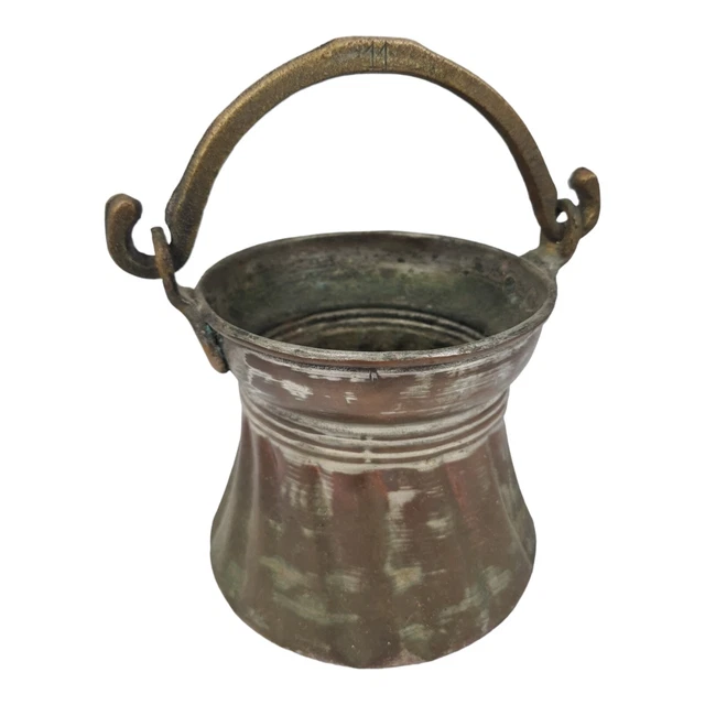 Antigua Olla Cobre E Mango De Latón Hojalata VINTAGE Época 800 Colección
