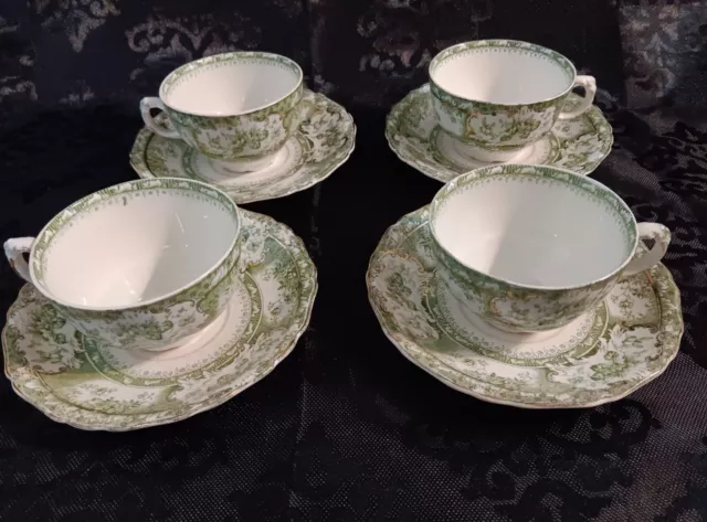 Set of 4 Antique WEDGWOOD PHOEBE Pattern Tea Cups & Saucers - Green