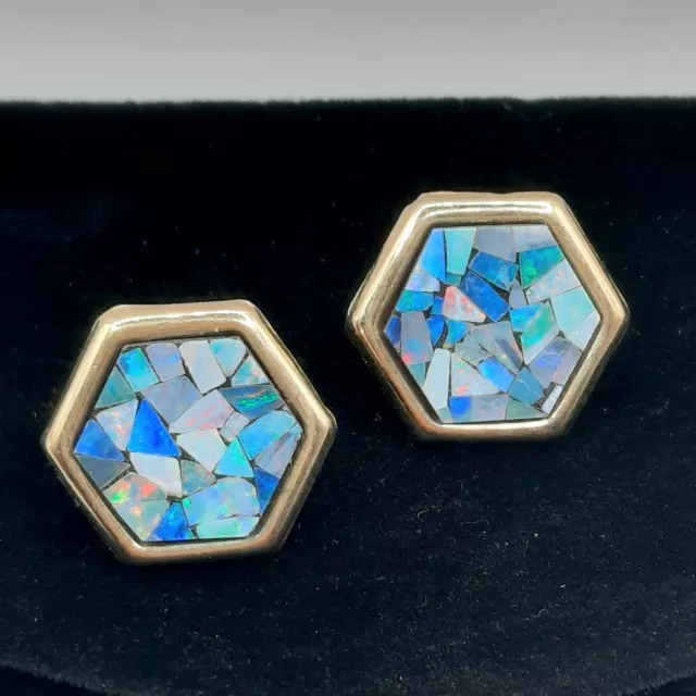 PETER BRAMS DESIGNS Opal Mosaic Earrings 14K Yellow Gold Studs Hexagon ...