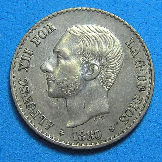 Spain 50 Centimos .835 Silver Coin, 1880 (80) MS-M, EF Extrafine, Alfonso XII