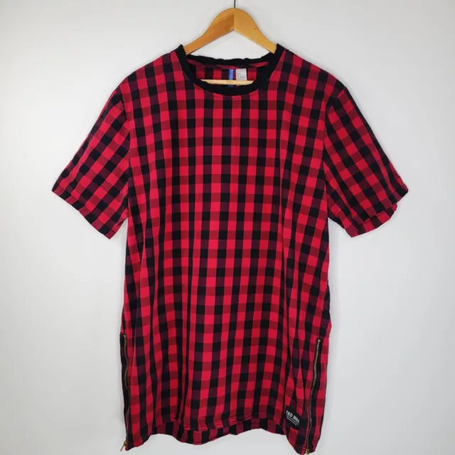 Camisa a cuadros H&M DIVIDIDA roja y negra talla L detalle con cremallera búfalo gingham