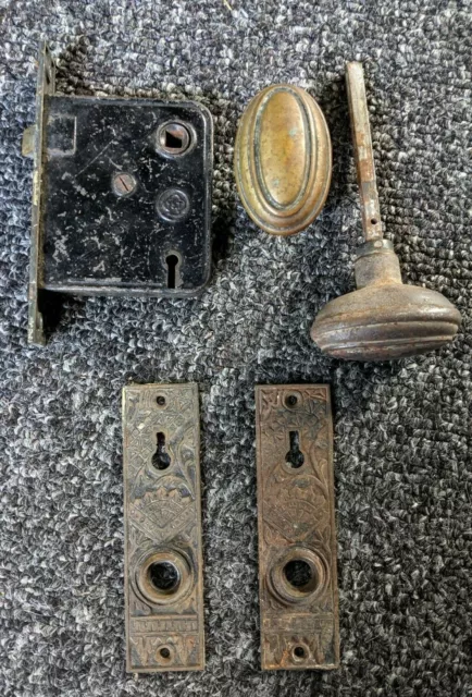 Antique Door Hardware Set Eastlake Knobs Lock Plates Brass Vintage 1800's