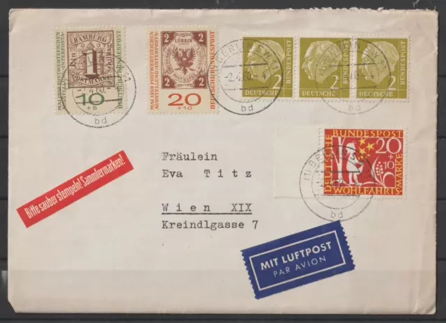 Bund Heuss I,  2 Pf Mi. 177 waager. 3er-Streifen auf Luftpostbrief "Berlin"